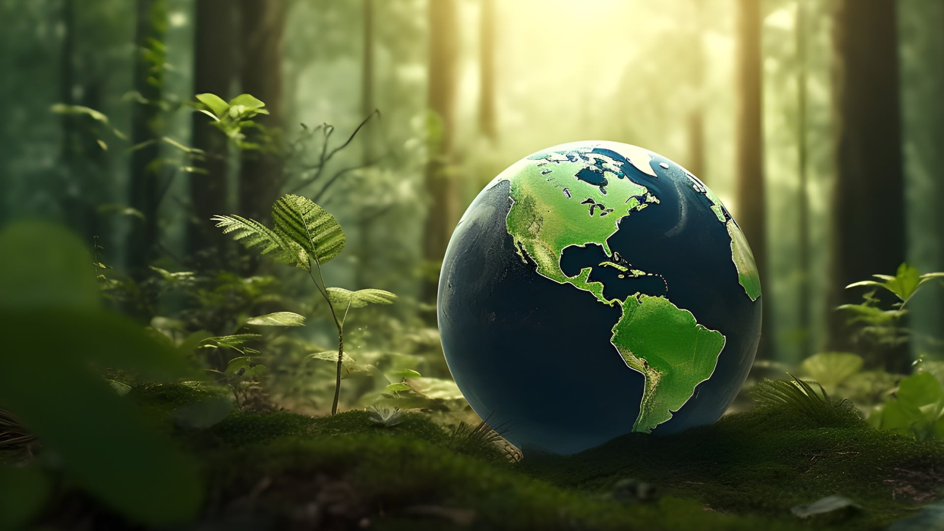 Illustration einer Weltkugel, die auf dem Waldboden liegt, als Symbol für Nachhaltigkeit