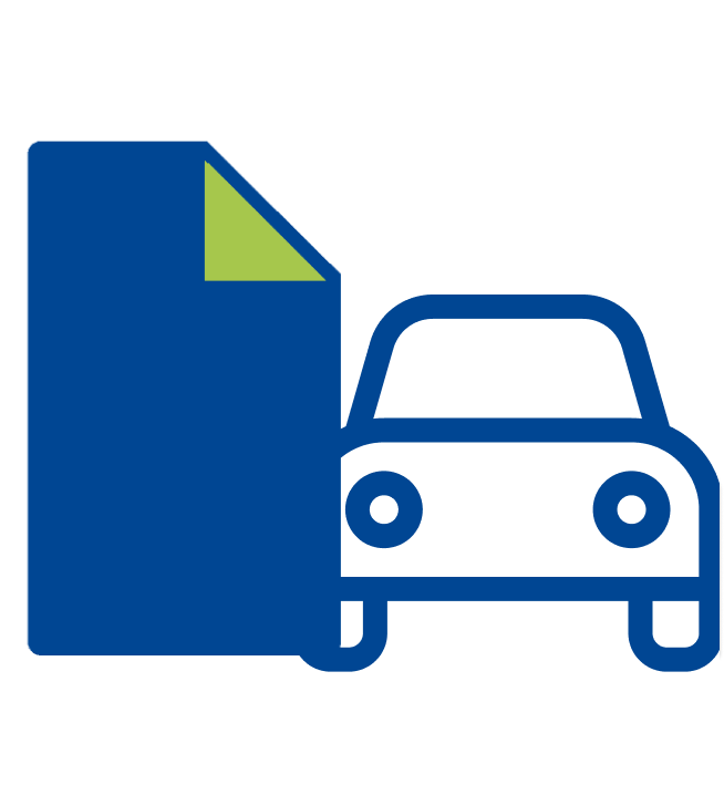 Ikone eines blauen Autos und Dokuments mit grünem Rand, symbolisiert Fahrzeugdokumente.